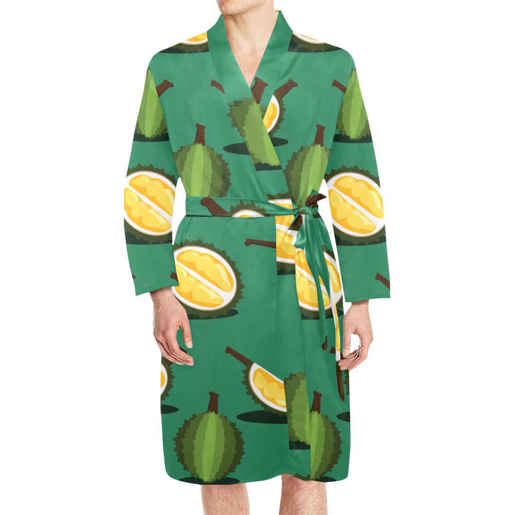 Durian pattern green background Men's Long Sleeve Belted Night Robe