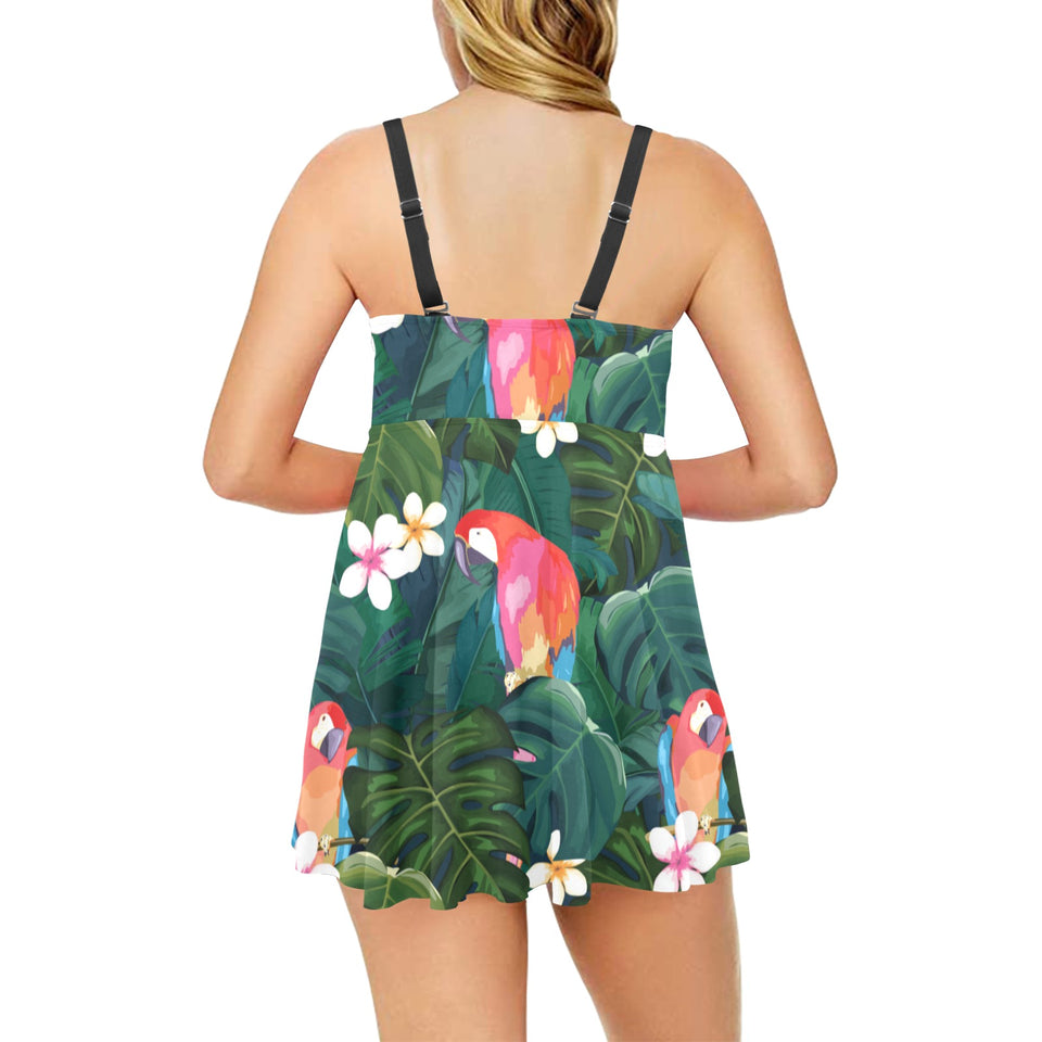 Parrot Palm tree leaves flower hibiscus pattern Chest Sexy Pleated Two Piece Swim Dress