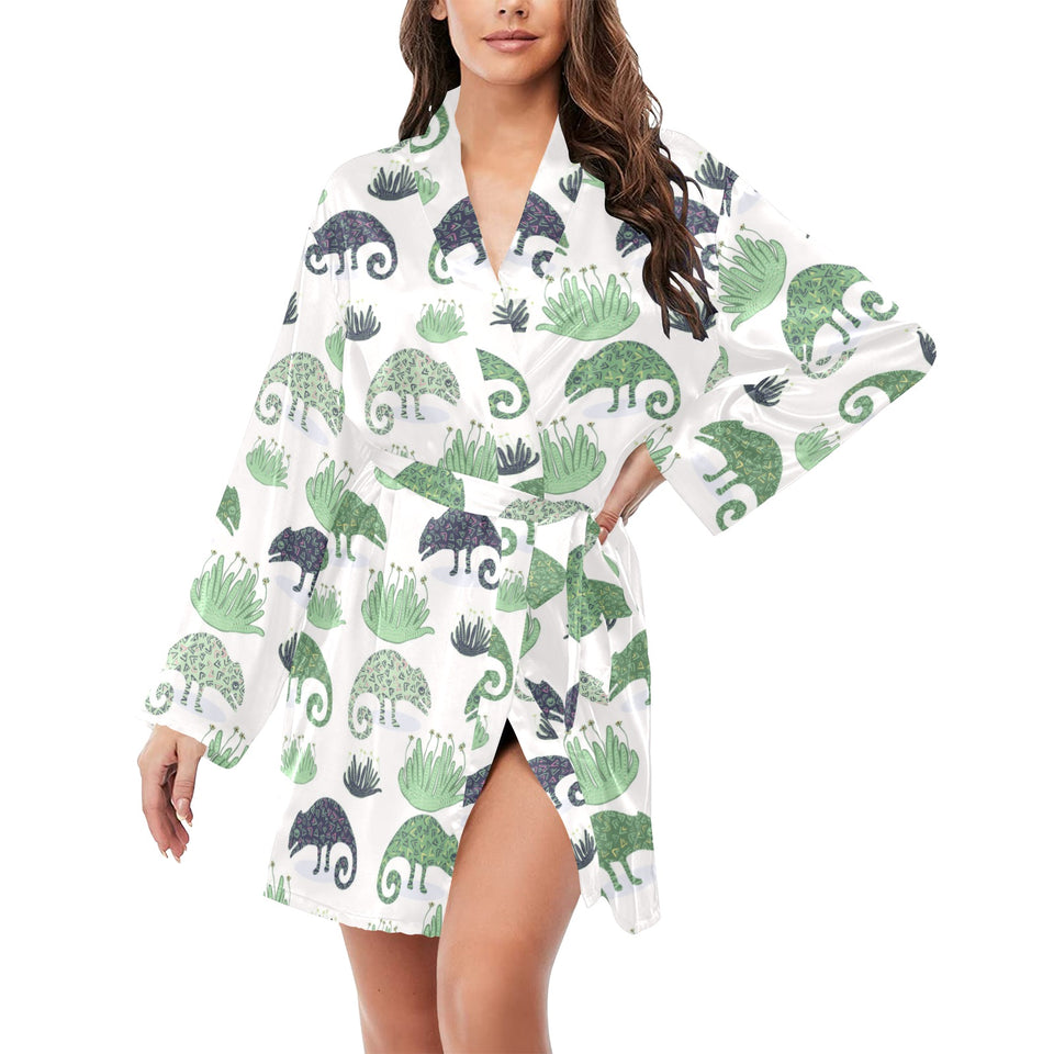 Chameleon lizard succulent plant pattern Women's Long Sleeve Belted Night Robe