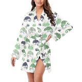 Chameleon lizard succulent plant pattern Women's Long Sleeve Belted Night Robe