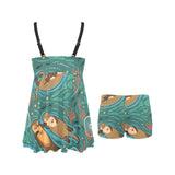 cute brown sea otters ornamental seaweed corals gr Chest Sexy Pleated Two Piece Swim Dress