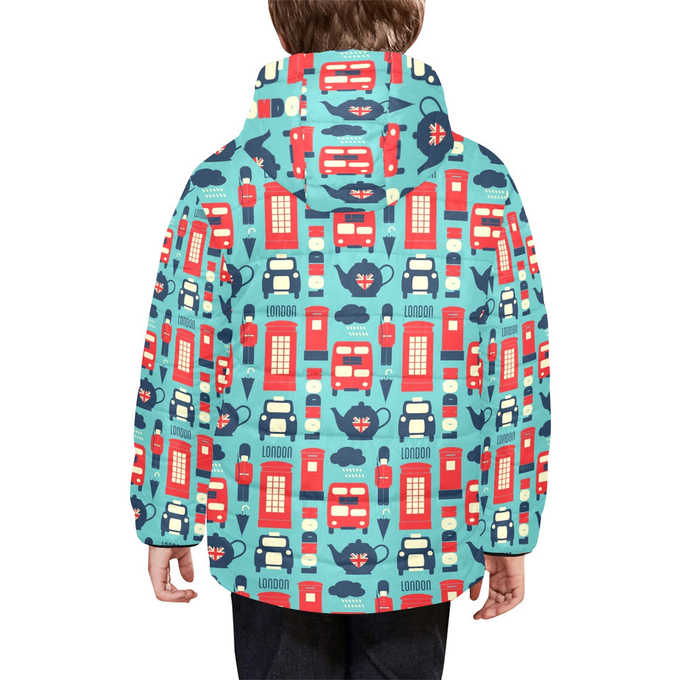 British Pattern Print Design 04 Kids' Boys' Girls' Padded Hooded Jacket
