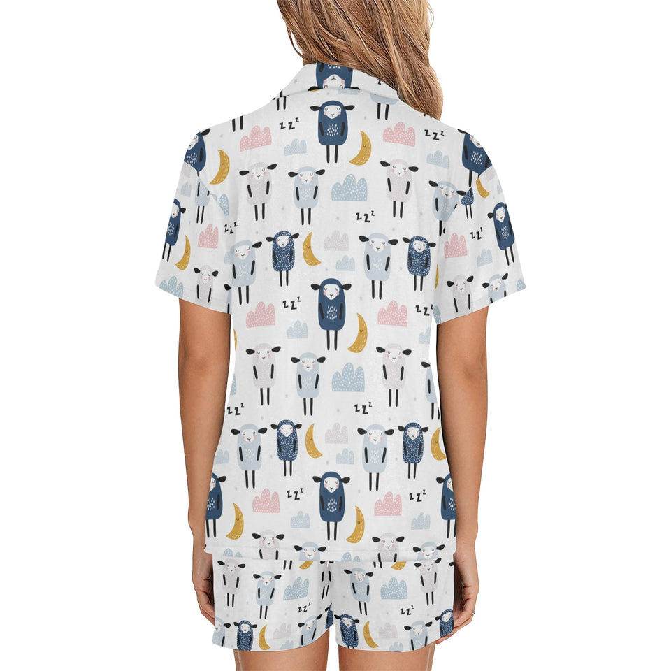 Cute sleeping sheep moon cloud pattern Women's V-Neck Short Pajama Set