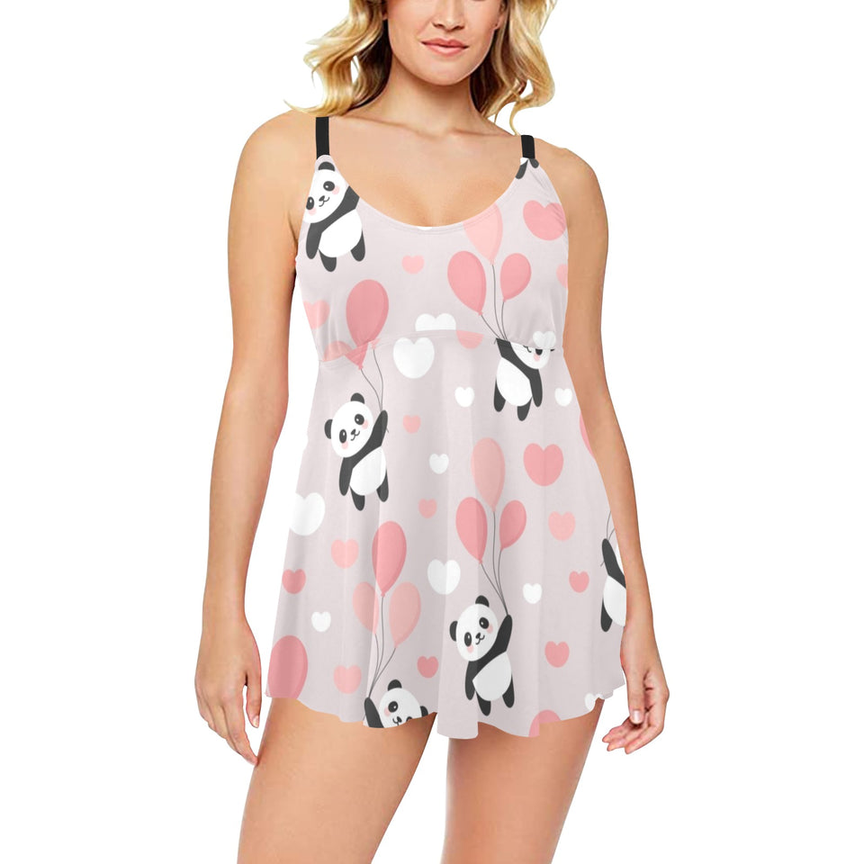 Cute panda ballon heart pattern Chest Sexy Pleated Two Piece Swim Dress