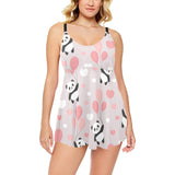 Cute panda ballon heart pattern Chest Sexy Pleated Two Piece Swim Dress