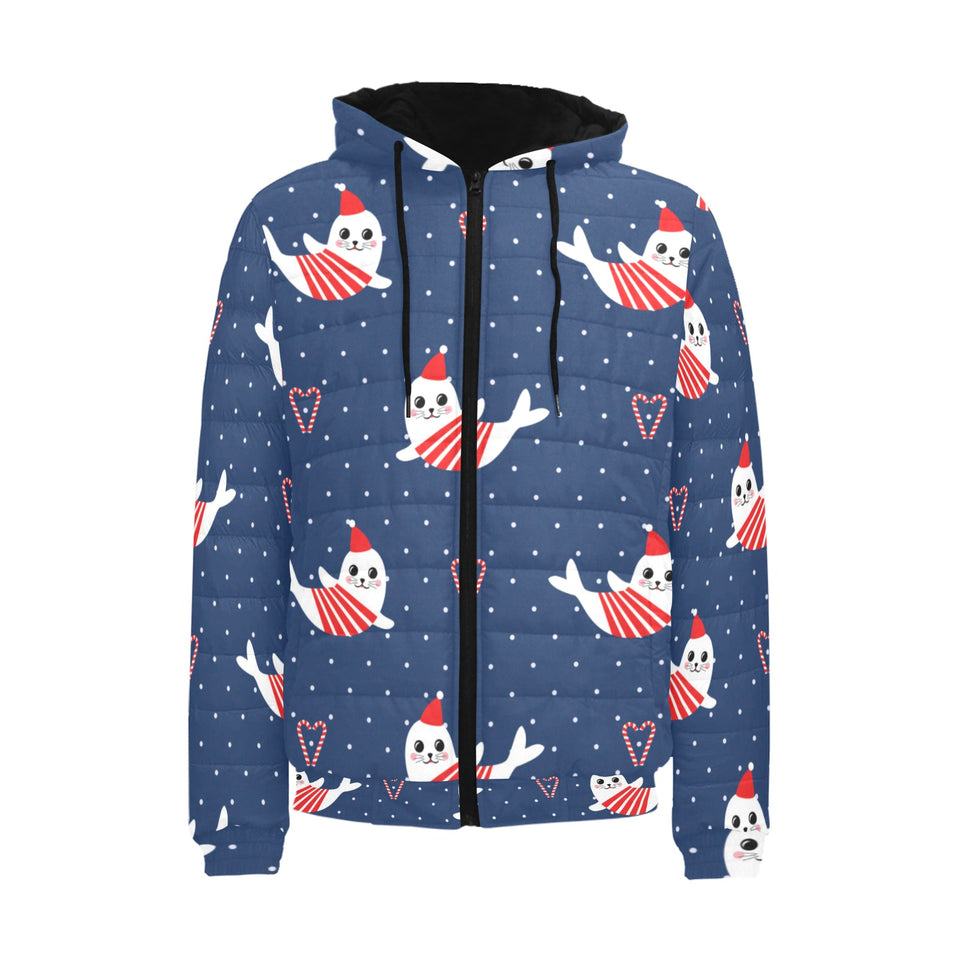 Cute sea lion seal christmas hat candy cane heart Men's Padded Hooded Jacket