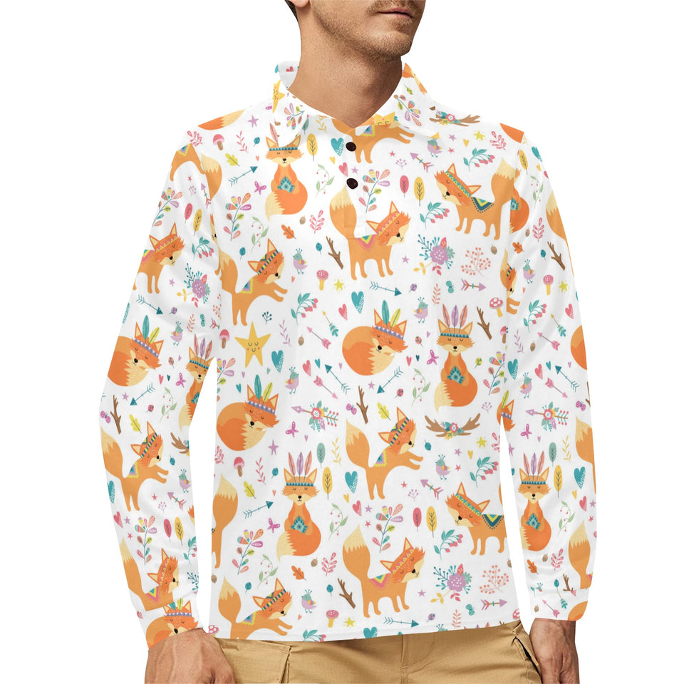 cute tribal fox pattern Men's Long Sleeve Polo Shirt