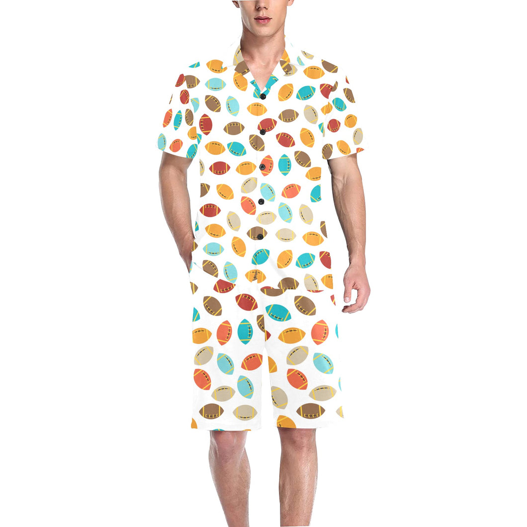 Colorful american football ball pattern Men's V-Neck Short Pajama Set