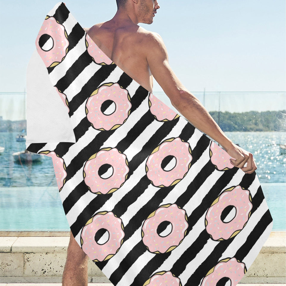 Donuts pink icing striped pattern Beach Towel
