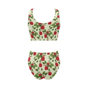 Red apples leaves pattern Chest Bowknot High Waisted Bikini Swimsuit