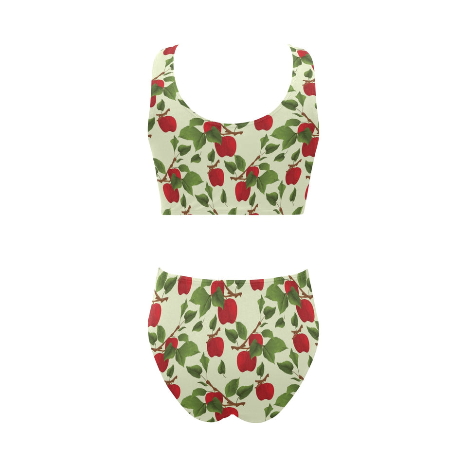 Red apples leaves pattern Chest Bowknot High Waisted Bikini Swimsuit