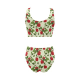 Red apples leaves pattern Chest Bowknot High Waisted Bikini Swimsuit