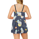 Cute sloth astronaut star planet rocket pattern Chest Sexy Pleated Two Piece Swim Dress