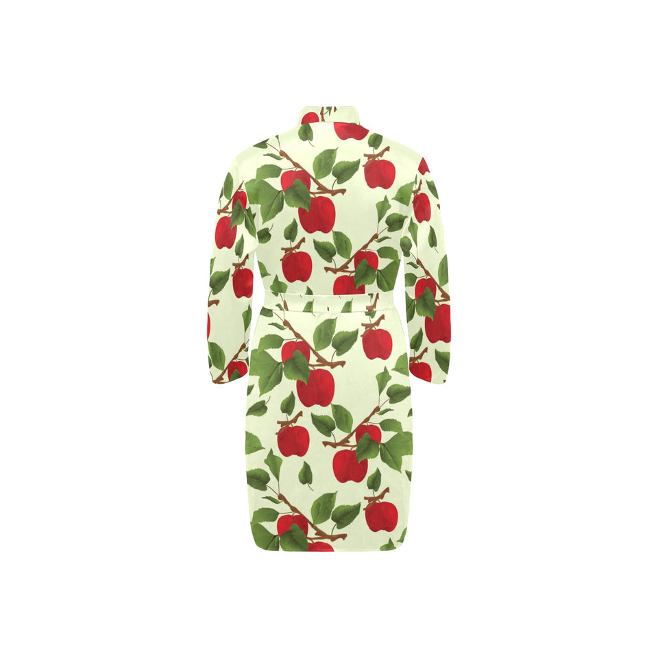 Red apples leaves pattern Men's Long Sleeve Belted Night Robe