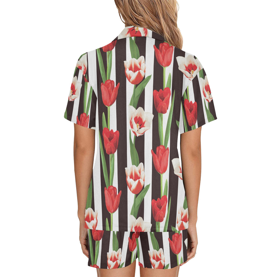 red and white tulips pattern Women's V-Neck Short Pajama Set
