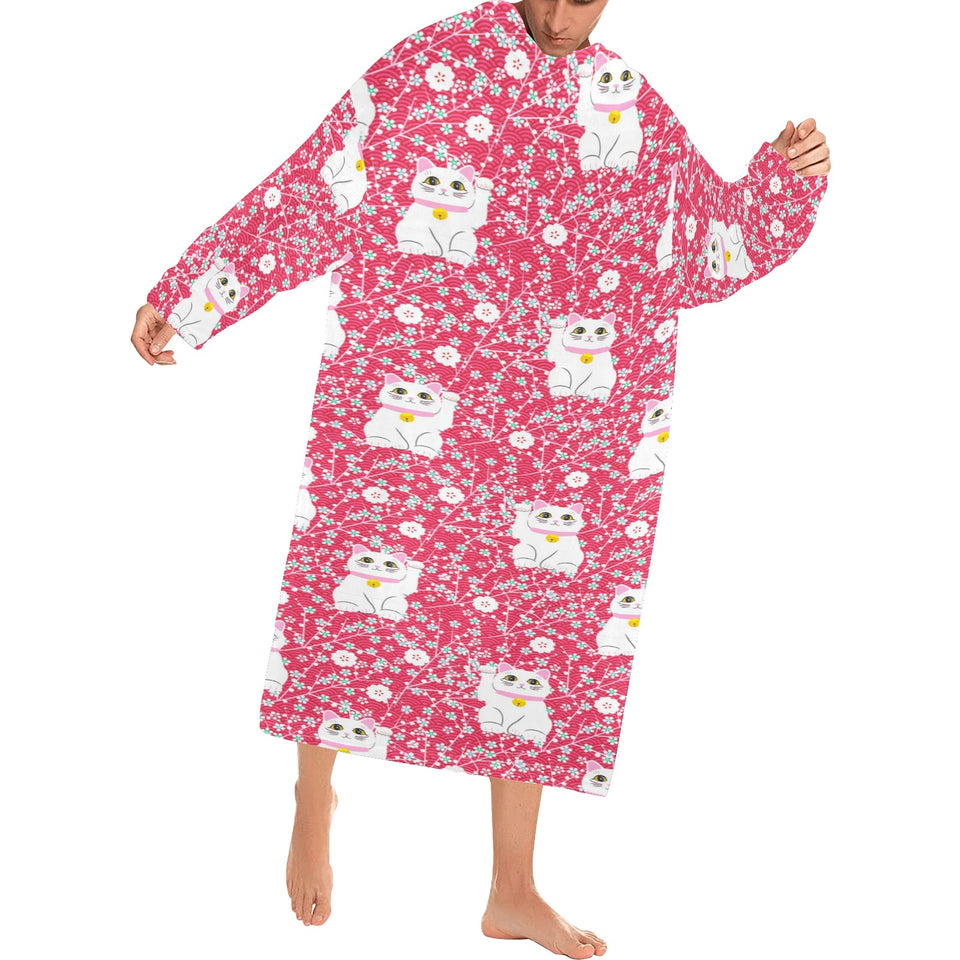 Maneki neko cat sakura pink background Blanket Robe with Sleeves