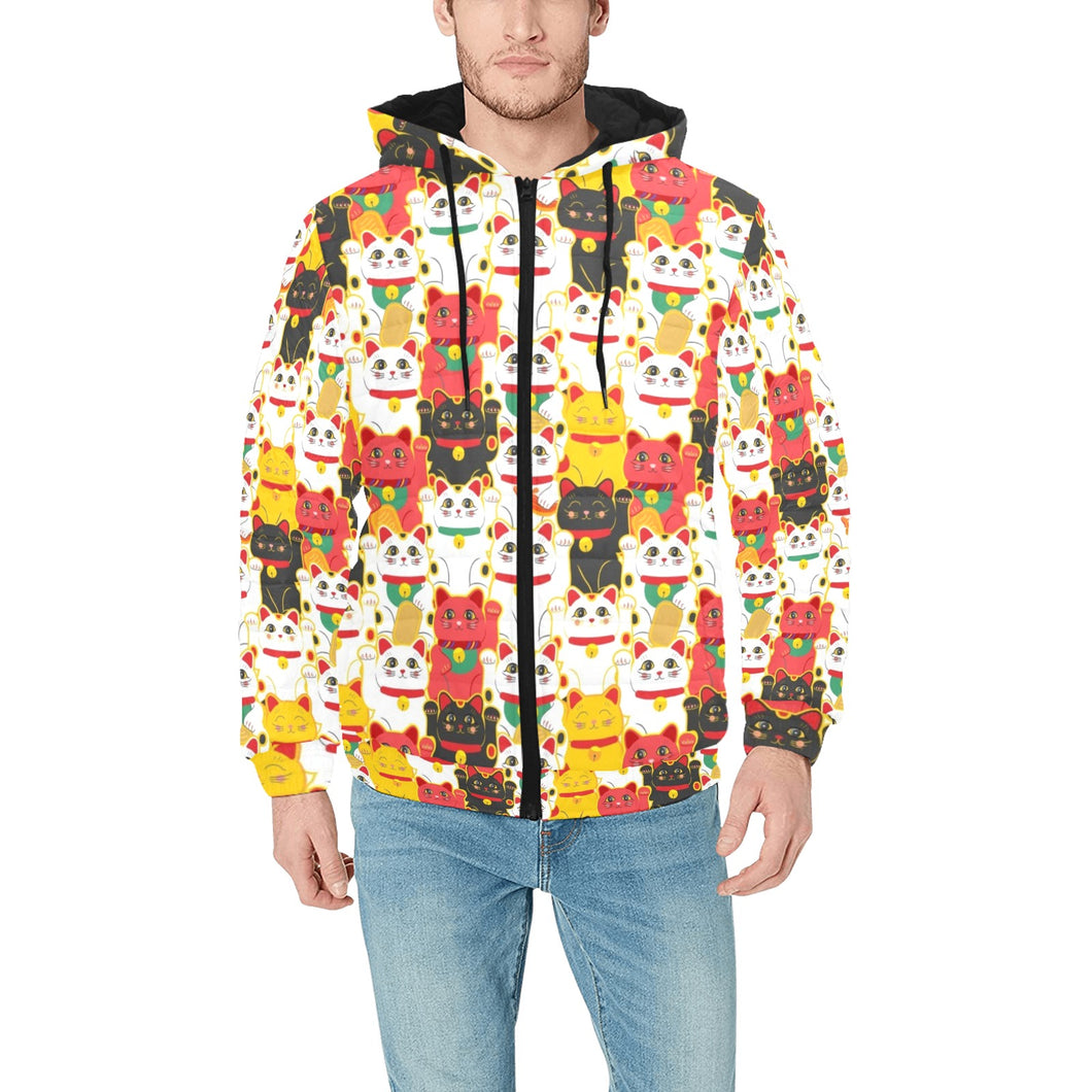 Colorful Maneki neko cat pattern Men's Padded Hooded Jacket