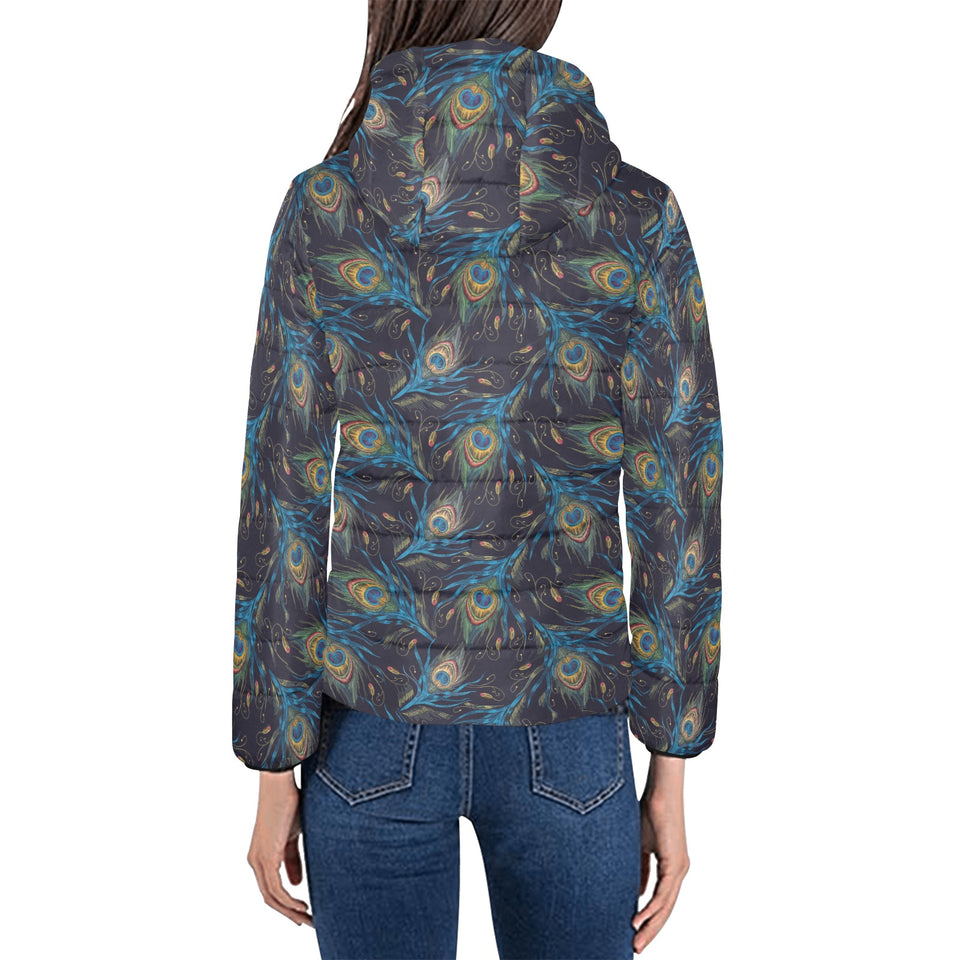Beautiful peacock feather pattern Women's Padded Hooded Jacket