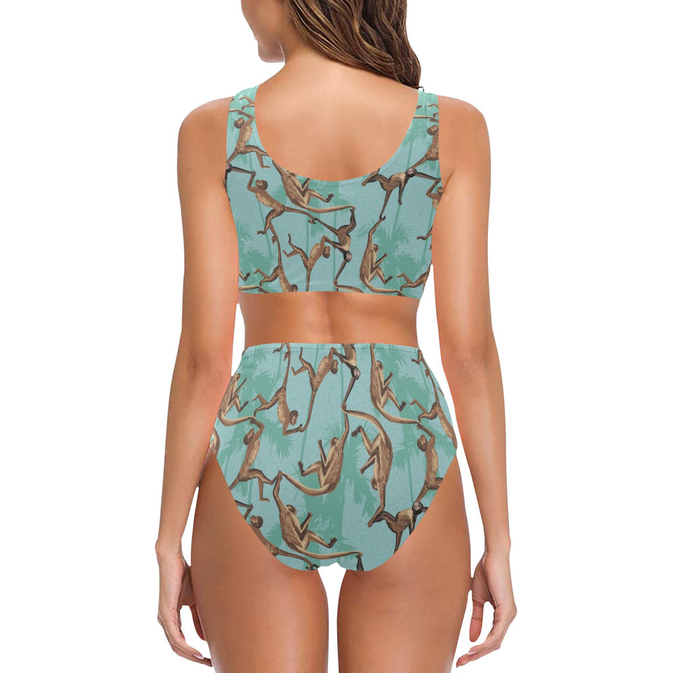 Monkey Palm tree background Chest Bowknot High Waisted Bikini Swimsuit