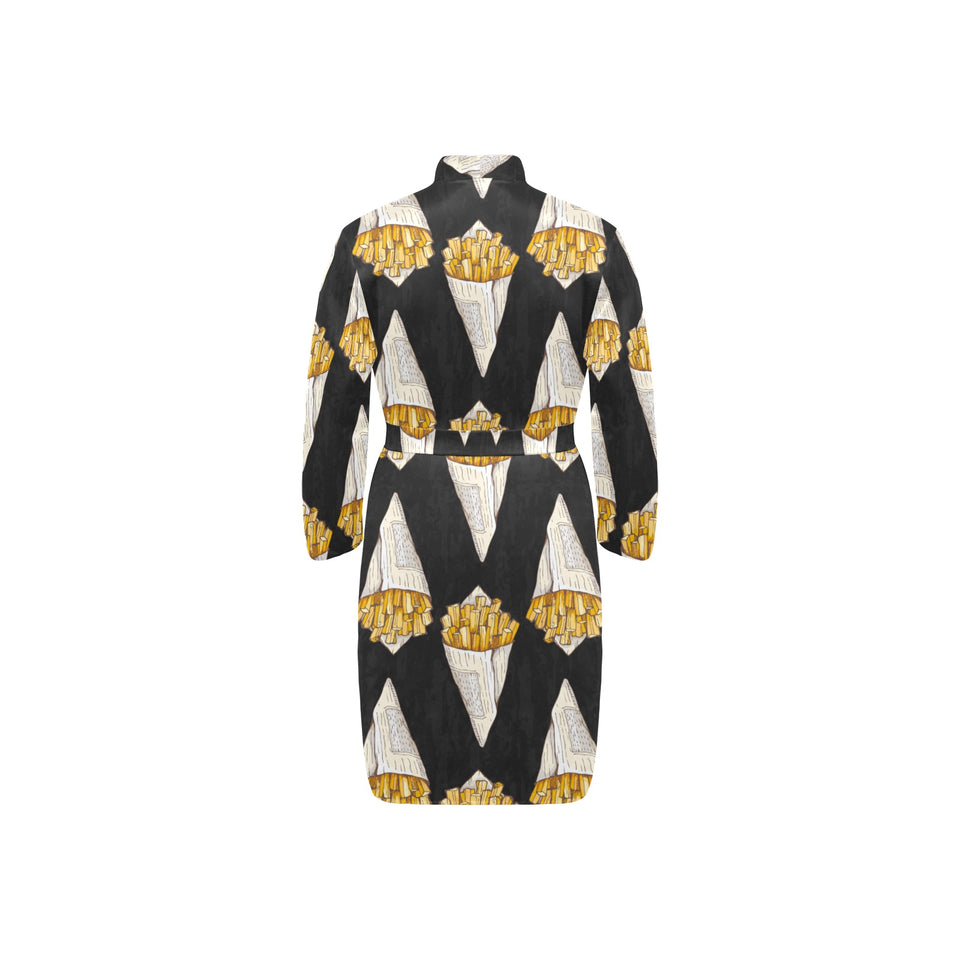 French fries dark background Men's Long Sleeve Belted Night Robe