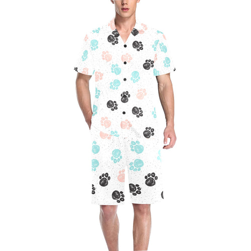 Dog Paws Pattern Print Design 04 Men's V-Neck Short Pajama Set