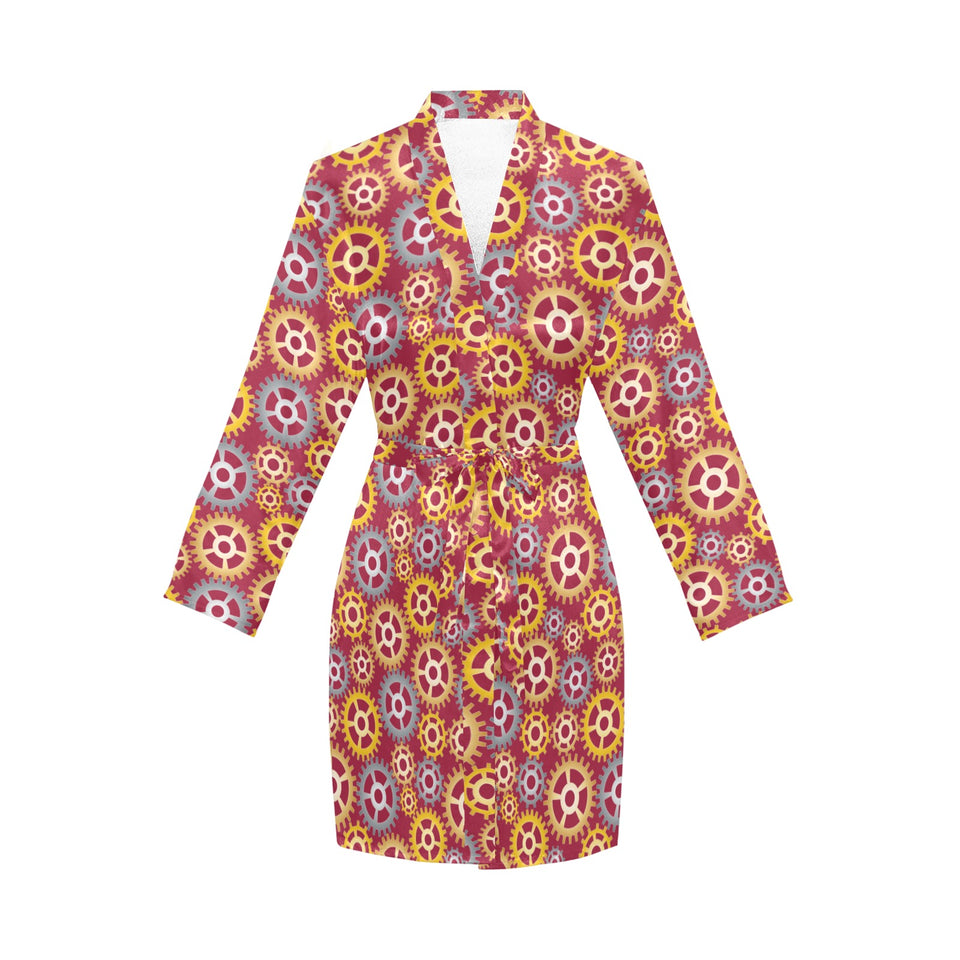 Gear Pattern Print Design 04 Women's Long Sleeve Belted Night Robe