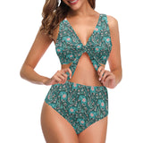 Elephants jungle pattern Chest Bowknot High Waisted Bikini Swimsuit