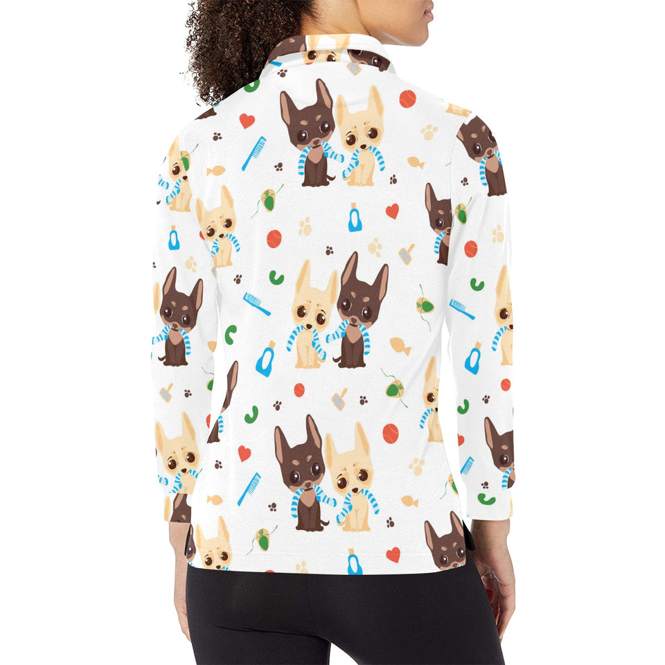 Cute Chihuahua dog pattern Women's Long Sleeve Polo Shirt