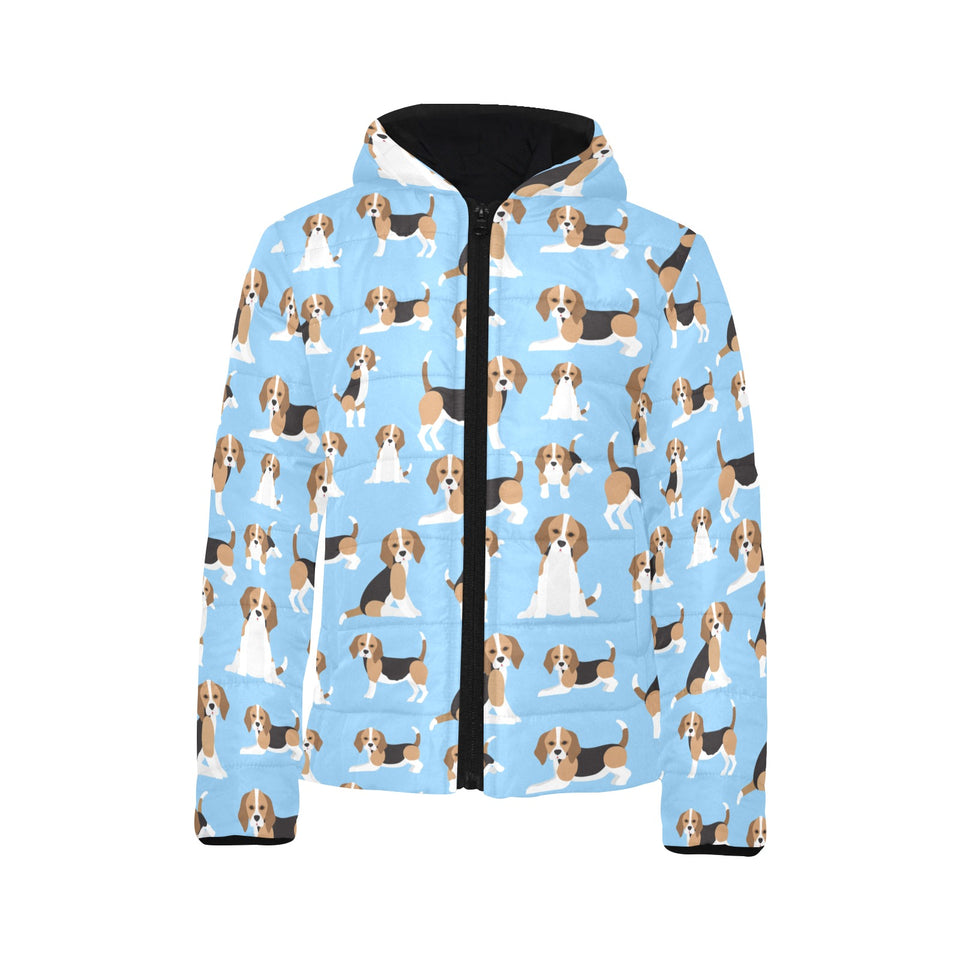 Beagle dog blue background pattern Kids' Boys' Girls' Padded Hooded Jacket