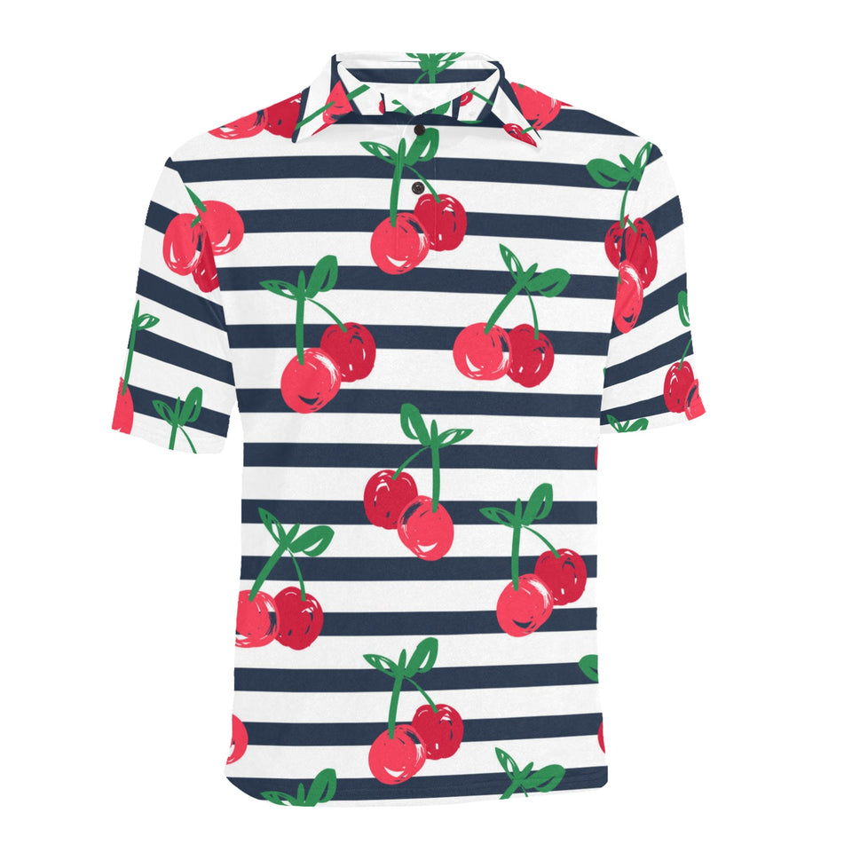 Hand drawn cherry pattern striped background Men's All Over Print Polo Shirt