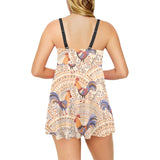 Cute rooster chicken cock floral ornament backgrou Chest Sexy Pleated Two Piece Swim Dress