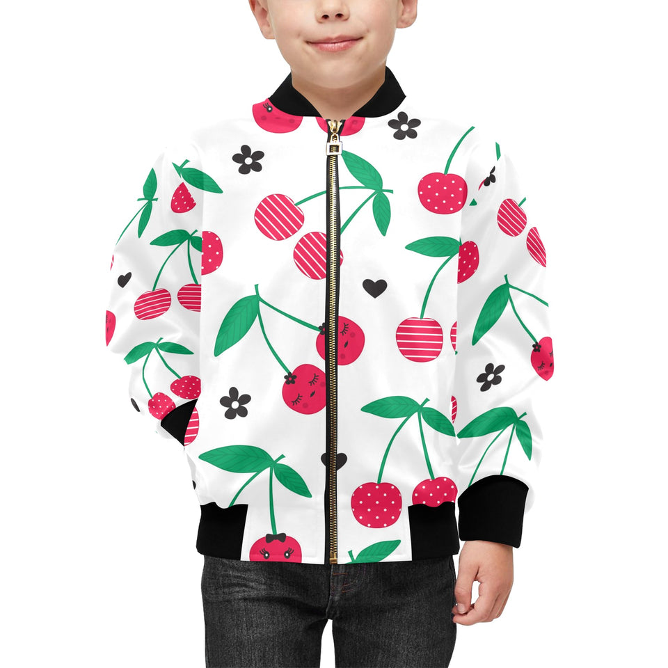 cherry pattern white background Kids' Boys' Girls' Bomber Jacket