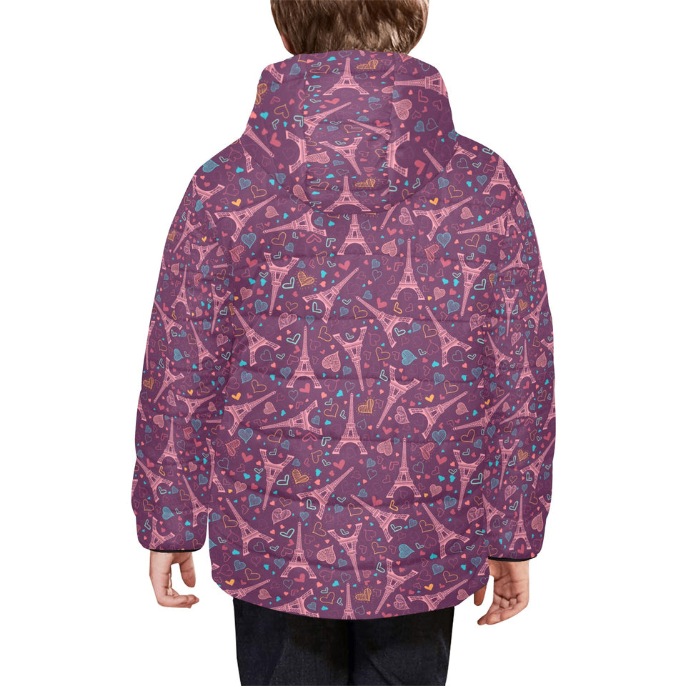 Eiffel Tower Heart Pattern Print Design 04 Kids' Boys' Girls' Padded Hooded Jacket