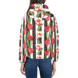 red and white tulips pattern Women's Padded Hooded Jacket