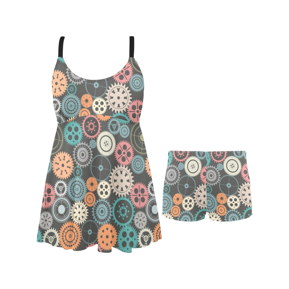 Gear Pattern Print Design 05 Chest Sexy Pleated Two Piece Swim Dress
