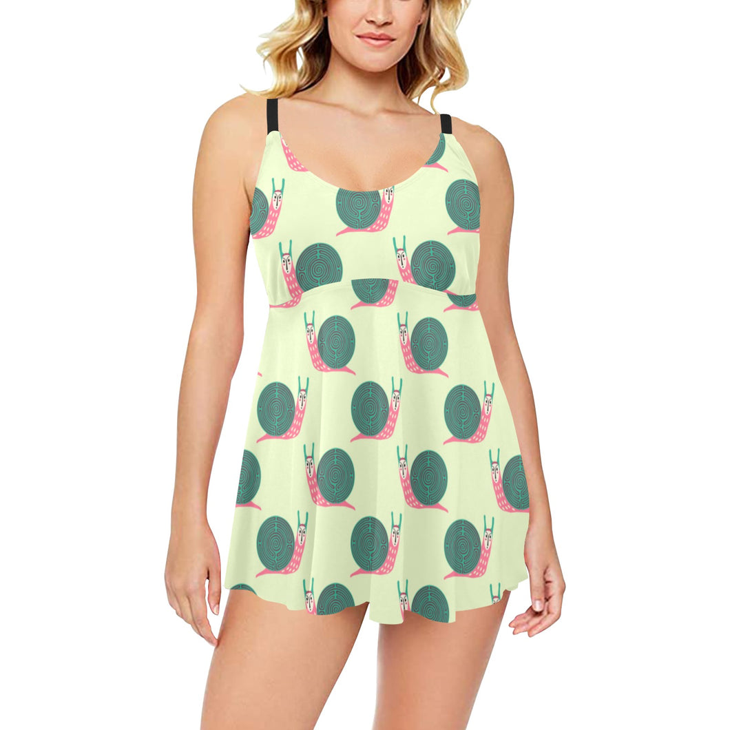 Snail Pattern Print Design 04 Chest Sexy Pleated Two Piece Swim Dress