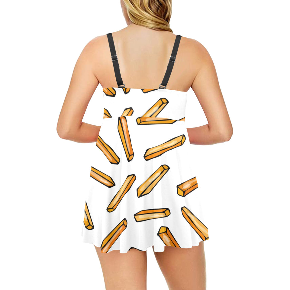 French fries potato pattern Chest Sexy Pleated Two Piece Swim Dress