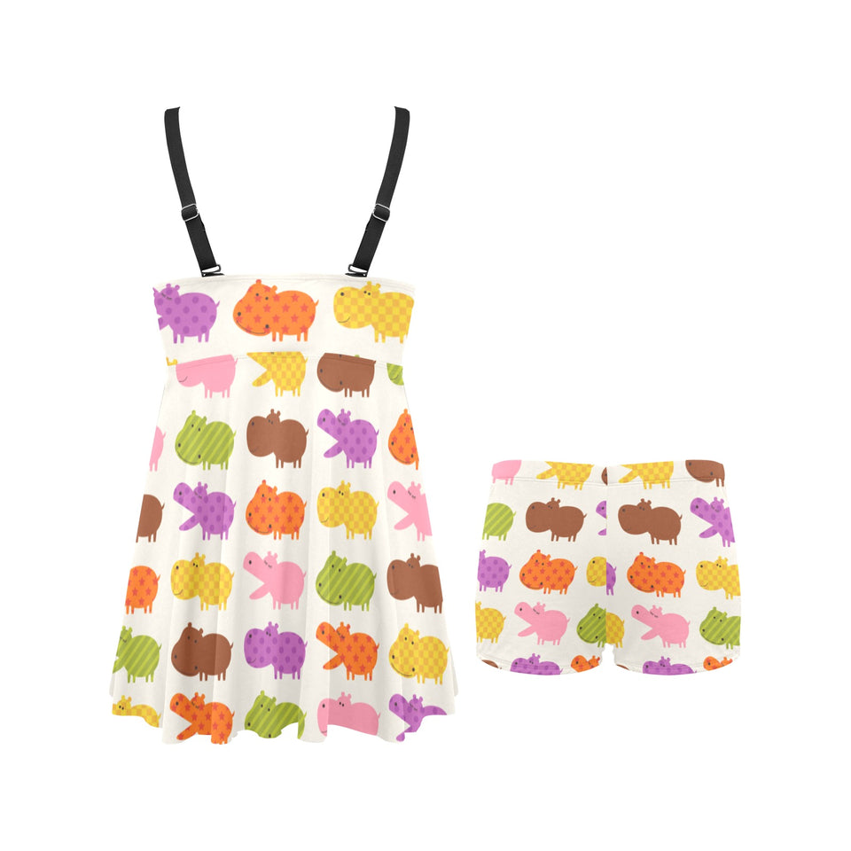 Hippopotamus Pattern Print Design 01 Chest Sexy Pleated Two Piece Swim Dress