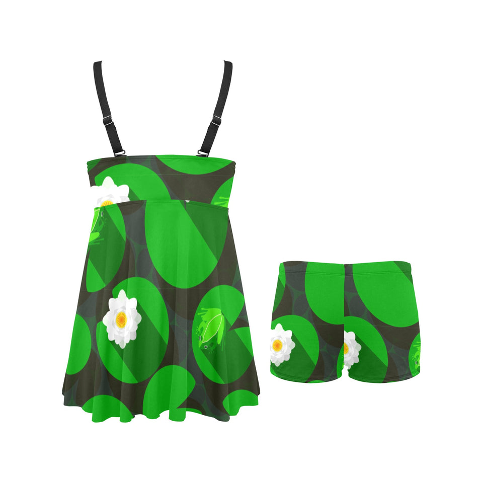 Frog waterlily pattern Chest Sexy Pleated Two Piece Swim Dress