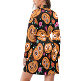 Pumpkin flowers spiderweb Halloween theme Women's Long Sleeve Belted Night Robe