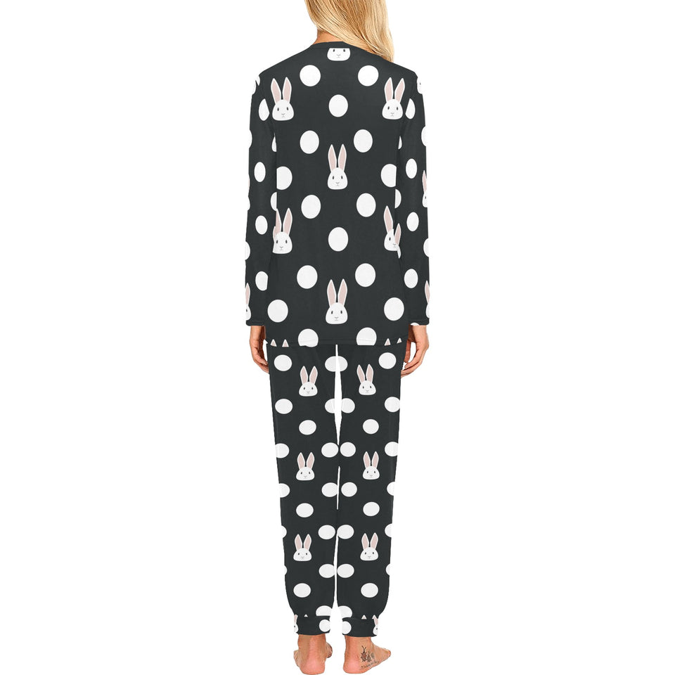Cute white rabbit polka dots black background Women's All Over Print Pajama Set