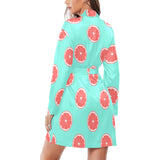 Grapefruit green background Women's Long Sleeve Belted Night Robe