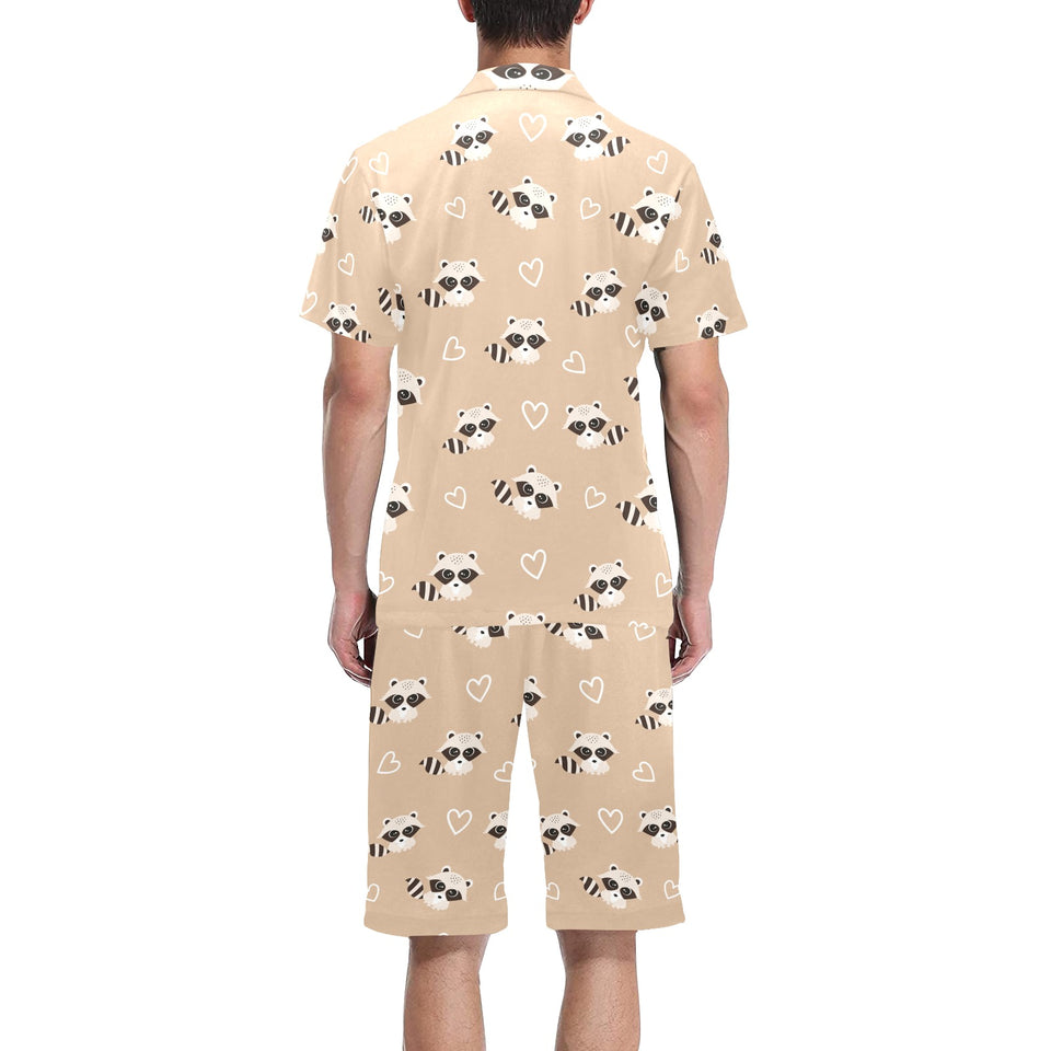 Cute raccoon heart pattern Men's V-Neck Short Pajama Set