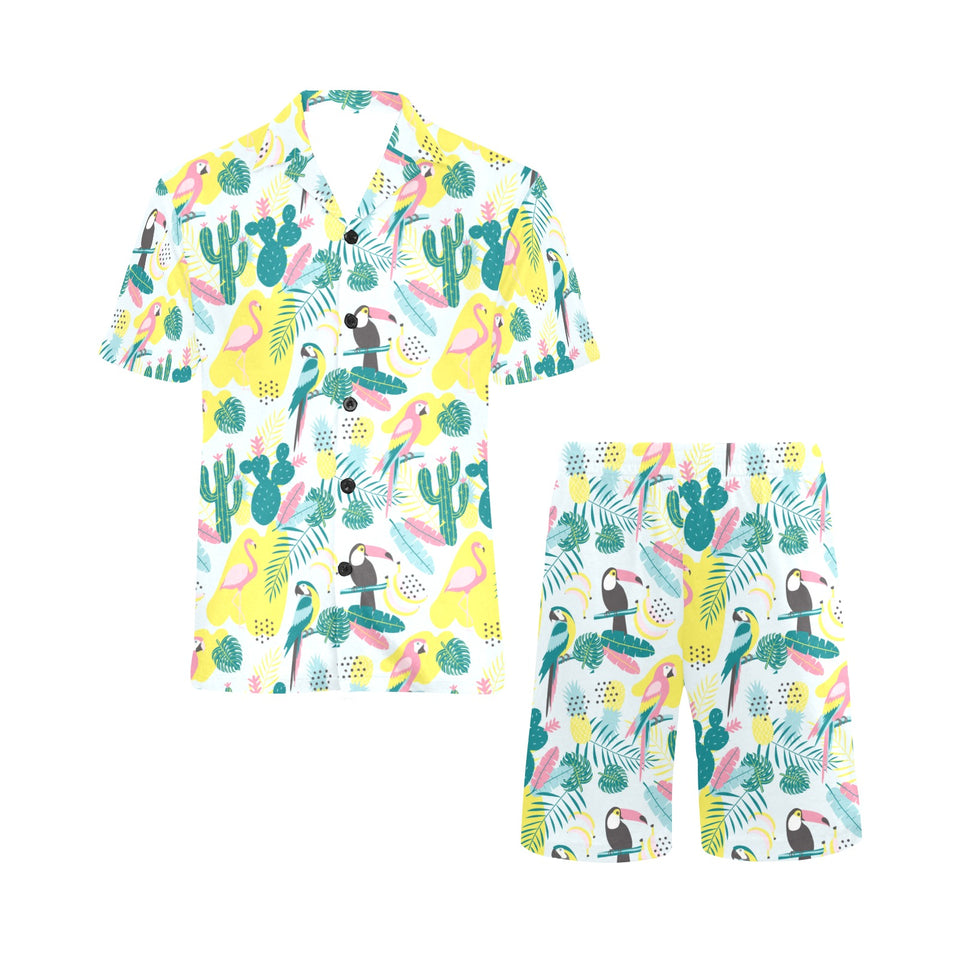 Cute parrot toucan flamingo cactus exotic leaves p Men's V-Neck Short Pajama Set