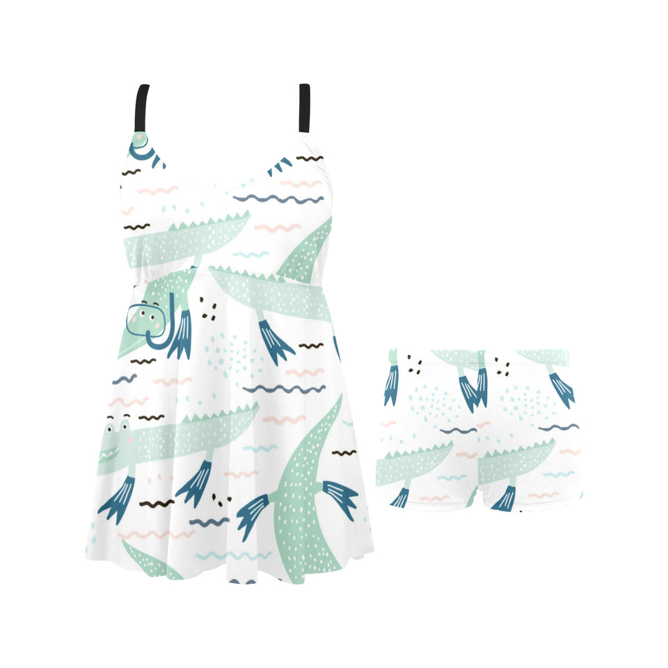 Crocodile diver pattern Chest Sexy Pleated Two Piece Swim Dress