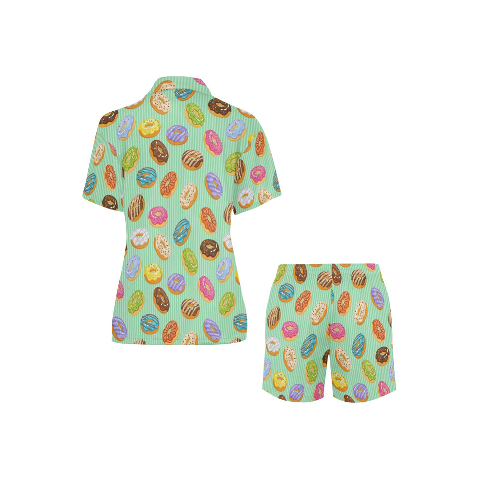 Colorful donut pattern green background Women's V-Neck Short Pajama Set