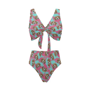 Beagle muzzles turquoise paint splashes pink patte Chest Bowknot High Waisted Bikini Swimsuit