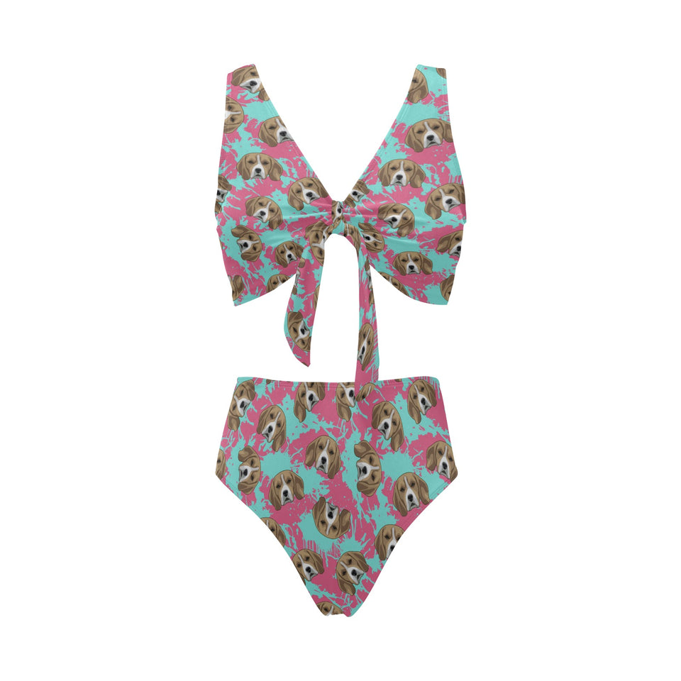Beagle muzzles turquoise paint splashes pink patte Chest Bowknot High Waisted Bikini Swimsuit