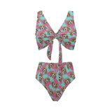 Beagle muzzles turquoise paint splashes pink patte Chest Bowknot High Waisted Bikini Swimsuit