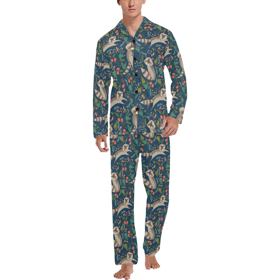Raccoon tropical leaves pattern Men's Long Pajama Set